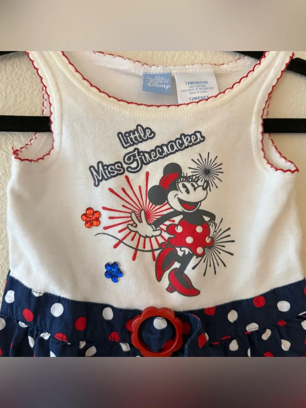 Disney Minnie 'Little Miss Firecracker' Red White & Navy Polka Dot Dress